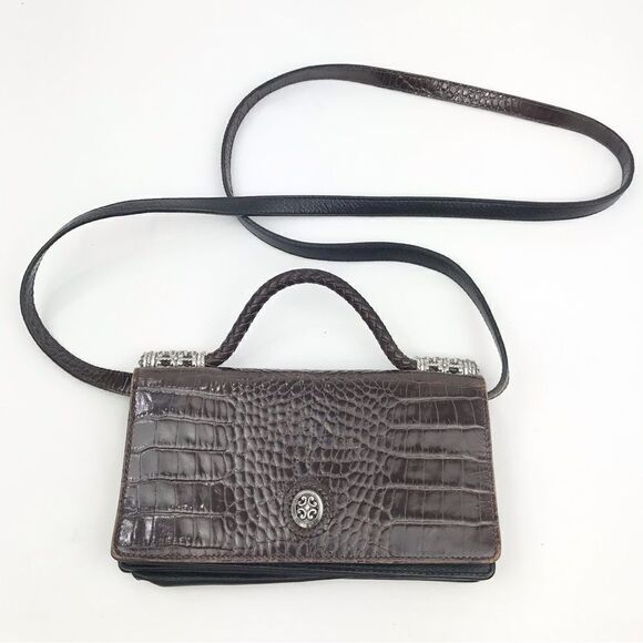 Brighton Brown Leather Reptile Embossed Silver Hardware Strap Wallet Mini Bag - Picture 2 of 16